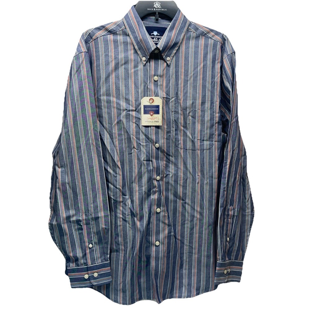 NWT Saddlebred Men's L Blue Stripe Wrinkle Free W/pockets Dress Shirt